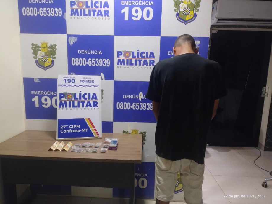 Traficante é preso durante abordagem e drogas são apreendidas pela PM no centro de Confresa